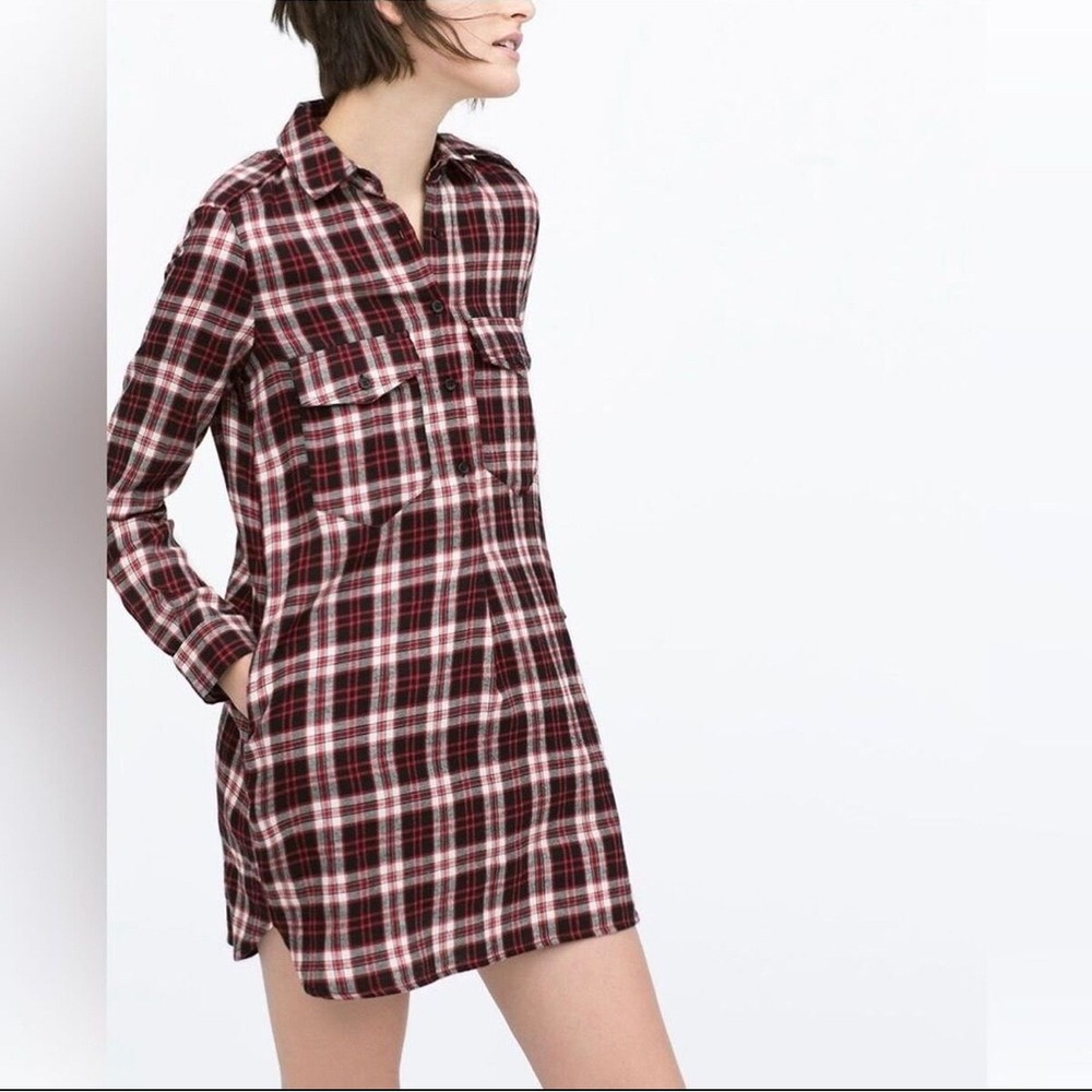 ZARA WOMAN Premium Denim Plaid Shirt Dress XS Black Red White Flannel